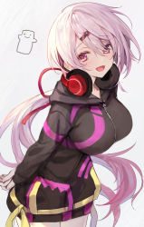 Rule 34 | 1girl, :d, absurdres, arms behind back, black jacket, blush, breasts, commentary request, doushite, hair ornament, hair over one eye, hair ribbon, hairclip, headphones, headphones around neck, highres, hood, hood down, hooded jacket, jacket, large breasts, long hair, long sleeves, looking at viewer, low ponytail, nijisanji, open mouth, ponytail, red eyes, red ribbon, ribbon, shiina yuika, shiina yuika (2nd costume), silver hair, smile, solo, very long hair, virtual youtuber