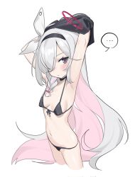 Rule 34 | ..., 1girl, airseal, arms up, bikini, black bikini, black eyes, black hairband, blue archive, blush, braid, breasts, closed mouth, cropped legs, grey hair, hair over one eye, hairband, halo, highres, long hair, looking at viewer, pink hair, plana (blue archive), side braid, simple background, small breasts, solo, spoken ellipsis, swimsuit, undressing, very long hair, white background