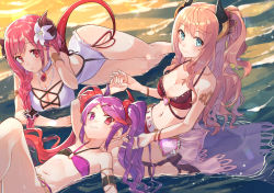 Rule 34 | 3girls, absurdres, bikini, blue eyes, breasts, closed mouth, commentary request, cross-laced clothes, cross-laced one-piece swimsuit, demon girl, demon horns, demon tail, flat chest, flower, hair flower, hair ornament, hairclip, heterochromia, highres, horns, huge filesize, io (princess connect!), io (summer) (princess connect!), large breasts, long hair, looking at viewer, lying, misaki (princess connect!), misaki (summer) (princess connect!), multiple girls, navel, on back, parted lips, pink hair, princess connect!, purple eyes, red eyes, red hair, sho bu 1116, sitting, suzuna (princess connect!), suzuna (summer) (princess connect!), swimsuit, tail, twintails, wariza, water