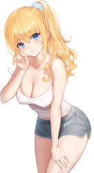 Rule 34 | 1girl, blonde hair, blue eyes, blush, breasts, cleavage, collarbone, commentary, covered erect nipples, emyo, grey shorts, hair ornament, hair scrunchie, hand on own thigh, heart, heart-shaped pupils, highres, large breasts, leaning forward, long hair, original, ponytail, scrunchie, shirt, short shorts, shorts, simple background, sleeveless, sleeveless shirt, solo, spaghetti strap, sweat, symbol-only commentary, symbol-shaped pupils, thighs, white background, white scrunchie, white shirt