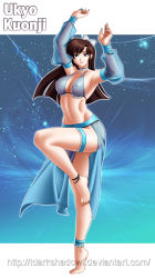 Rule 34 | 1girl, anklet, barefoot, blue nails, bow, breasts, brown hair, choker, covered erect nipples, dancing, detached sleeves, female focus, full body, hair bow, harem outfit, jewelry, jorge cabellos, kuonji ukyou, large breasts, bridal garter, leg lift, long hair, long legs, midriff, nail polish, pendant, ranma 1/2, see-through, showgirl skirt, sideboob, solo, standing, standing on one leg, tiptoes, toes, watermark, web address