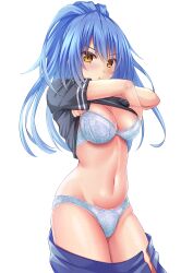 Rule 34 | 1girl, :o, absurdres, black shirt, blue bra, blue hair, blue panties, blue skirt, blush, bra, breasts, clothes lift, clothes pull, cowboy shot, faltnep tsukasa, highres, lace, lace-trimmed bra, lace-trimmed panties, lace trim, lifted by self, light frown, long hair, looking at viewer, medium breasts, navel, open clothes, open skirt, original, panties, parted lips, ponytail, shirt, shirt lift, short sleeves, simple background, skirt, skirt pull, solo, standing, underwear, undressing, white background, yellow eyes