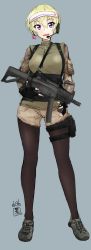 Rule 34 | 10s, 1girl, absurdres, aikatsu!, aikatsu! (series), alternate costume, artist name, between breasts, black gloves, black pantyhose, blonde hair, breasts, camouflage, dated, earrings, fingerless gloves, foregrip, full body, gloves, grey background, gun, h&amp;k mp5, hair between eyes, hattori yu, headset, heckler &amp; koch, highres, holding, holding gun, holding weapon, jewelry, kuroinu momotarou, large breasts, load bearing equipment, looking at viewer, open mouth, pantyhose, pantyhose under shorts, purple eyes, shoes, short hair, short shorts, shorts, signature, simple background, single earring, sketch, smile, sneakers, solo, star (symbol), star earrings, strap between breasts, submachine gun, thigh strap, trigger discipline, weapon
