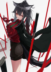 Rule 34 | 1girl, absurdres, adjusting clothes, adjusting gloves, animal ears, arknights, ass, black jacket, black shorts, clothing cutout, collared shirt, commentary request, from behind, gloves, gradient hair, green necktie, highres, jacket, jacket on shoulders, long hair, long sleeves, looking at viewer, looking back, mouth hold, multicolored hair, necktie, official alternate costume, planted, planted sword, planted weapon, ponytail, red eyes, red gloves, red hair, red shirt, shirt, shorts, sidelocks, simple background, solo, striped clothes, striped necktie, striped shorts, sword, tail, tail through clothes, texas (arknights), texas (willpower) (arknights), twisted torso, vertical-striped clothes, vertical-striped shorts, very long hair, weapon, white background, wolf ears, wolf girl, wolf tail, yonagi white