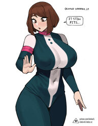Rule 34 | 1girl, aged up, alternate breast size, bodysuit, boku no hero academia, breasts, brown eyes, brown hair, covered erect nipples, covered navel, curvy, donburi (donburikazoku), huge breasts, large areolae, mature female, navel, open mouth, patreon username, short hair, sidelocks, simple background, skin tight, solo, thick thighs, thighs, tight clothes, uraraka ochako