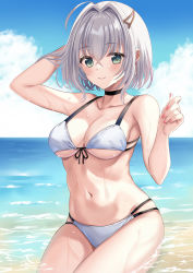 Rule 34 | 1girl, absurdres, beach, bikini, black choker, blue sky, breasts, choker, cloud, day, earrings, green eyes, hair between eyes, harimoji, has bad revision, has downscaled revision, highres, jewelry, kazuki mikuru, looking at viewer, md5 mismatch, navel, ocean, outdoors, propro production, resolution mismatch, sitting, sky, solo, source smaller, swimsuit, virtual youtuber, wet, white bikini