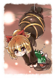 Rule 34 | 2girls, :o, blonde hair, bow, brown eyes, bucket, female focus, fenne, green hair, hair bobbles, hair bow, hair ornament, hanging, in bucket, in container, kisume, kurodani yamame, looking at viewer, multiple girls, o o, phenne, short hair, touhou, twintails
