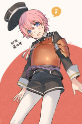 Rule 34 | 10s, 1boy, akita toushirou, androgynous, artist name, blue eyes, blush, character name, dated, from below, kippu, male focus, military, military uniform, musical note, open mouth, pantyhose, pantyhose under shorts, pink hair, quaver, short hair, shorts, simple background, solo, speech bubble, spoken musical note, touken ranbu, uniform, white pantyhose