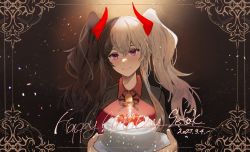 1girl, absurdres, bell, black hair, black jacket, black ribbon, breasts, cake, cizzi, collared shirt, curled horns, dated, demon horns, food, fruit, happy birthday, highres, holding, holding plate, horns, huge filesize, jacket, long hair, looking at viewer, medium breasts, multicolored hair, neck ribbon, open clothes, open jacket, original, plate, red shirt, ribbon, shirt, solo, strawberry, twintails, two-tone hair, upper body, white hair