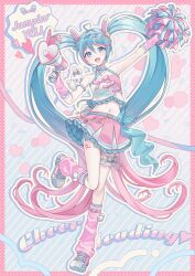 1girl absurdres ahoge animal_ears aqua_hair arms_up blue_eyes fingerless_gloves floating_clothes gloves gradient_hair happy hatsune_miku heart heart_ahoge highres megaphone multicolored_clothes multicolored_hair navel pink_footwear pink_gloves pink_hair pink_socks pleated_skirt pom_pom_(cheerleading) rabbit_ears skirt smile socks thigh_strap twintails two-tone_hair visor_cap vocaloid vs0mr