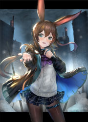 Rule 34 | 1girl, amiya (arknights), animal ears, arknights, black jacket, blue eyes, blue skirt, blush, brown hair, brown pantyhose, building, center frills, commentary request, frills, hair between eyes, hand up, himonoata, hood, hood down, hooded jacket, jacket, jewelry, letterboxed, long hair, long sleeves, looking at viewer, night, open clothes, open jacket, open mouth, pantyhose, plaid, plaid skirt, pleated skirt, ponytail, rabbit ears, ring, shirt, sidelocks, skirt, solo, teeth, thumb ring, upper teeth only, very long hair, white shirt