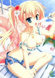 Rule 34 | 1girl, :p, absurdres, asahina shin, ass, bikini, blonde hair, blue bikini, blue eyes, blush, breast slip, breasts, breasts out, butt crack, chair, cleavage, eating, floral print, food, hibiscus print, highres, ice cream, innertube, jewelry, karumaruka circle, leaf, light rays, looking at viewer, lounge chair, necklace, nipple slip, nipples, one breast out, open fly, open mouth, pool, pool ladder, popsicle, side ponytail, solo, sunlight, swim ring, swimsuit, tongue, tongue out, toranosuke