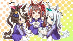 Rule 34 | 3girls, absurdres, aged down, ahoge, alternate eye color, alternate hair color, animal ears, blue eyes, blush stickers, bow, bowl, bowtie, brown hair, child, commentary request, cream, daiwa scarlet (umamusume), ear bow, fang, finger in own mouth, food, food on face, green bow, hair between eyes, hair bow, hair intakes, high ponytail, highres, holding, holding bowl, horse ears, horse girl, horse tail, horseshoe ornament, light brown hair, long hair, long sleeves, looking at viewer, mejiro mcqueen (umamusume), mixing bowl, multicolored hair, multiple girls, open mouth, pink bow, pleated skirt, purple eyes, purple sailor collar, purple shirt, purple skirt, red bow, red eyes, sailor collar, sailor shirt, school uniform, shirt, sidelocks, skin fang, skirt, solid oval eyes, streaked hair, tail, tasting, tiara, tokai teio (umamusume), tracen school uniform, twintails, umamusume, very long hair, white bow, white bowtie, winter uniform, yunekoko