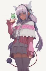 Rule 34 | 1girl, aged up, beads, black hairband, blue eyes, blunt bangs, blush, bug, butterfly, butterfly on hand, commentary, dragon girl, dragon horns, english commentary, hair beads, hair ornament, hairband, horns, insect, kanna kamui, kobayashi-san chi no maidragon, long hair, long sleeves, low twintails, mynare, purple hair, simple background, solo, standing, tail, thighhighs, twintails, very long hair, white background, zettai ryouiki
