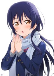 Rule 34 | 1girl, absurdres, blue hair, blush, bow, bowtie, hair between eyes, haruharo (haruharo 7315), highres, long hair, long sleeves, looking at viewer, love live!, love live! school idol project, open mouth, otonokizaka school uniform, scarf, school uniform, simple background, solo, sonoda umi, striped bow, striped bowtie, striped clothes, upper body, white background, winter uniform, yellow eyes