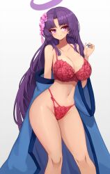 Rule 34 | 1girl, blue archive, blush, bra, breasts, cleavage, closed mouth, collarbone, feet out of frame, fingernails, halo, haori, highres, japanese clothes, large breasts, long hair, nail polish, navel, notte, panties, purple eyes, purple hair, purple halo, purple nails, red bra, red panties, simple background, smile, solo, underwear, white background, yukari (blue archive)