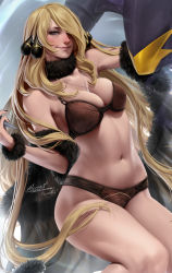 Rule 34 | 1girl, aleriia v, arm up, black bra, black nails, black panties, blonde hair, bra, breasts, claws, cleavage, closed mouth, collarbone, creatures (company), cuffs, cynthia (pokemon), detached collar, fingernails, fur collar, game freak, garchomp, gen 4 pokemon, grey eyes, hair ornament, hair over one eye, half-closed eye, hand on another&#039;s head, hand up, highres, jewelry, large breasts, lips, long bangs, long hair, looking at viewer, nail polish, navel, nintendo, panties, pendant, pokemon, pokemon (creature), pokemon dppt, seductive smile, shawl, side-by-side, signature, skindentation, smile, solo focus, stomach, underwear, underwear only, very long hair, watermark, web address