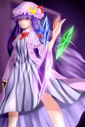Rule 34 | 1girl, bags under eyes, blurry, bow, bowtie, cloak, crystal, depth of field, dress, female focus, hair bow, hair ribbon, hat, highres, long hair, meganemausu, patchouli knowledge, purple background, purple eyes, purple hair, purple theme, ribbon, serious, solo, striped clothes, striped dress, touhou, tress ribbon, vertical stripes
