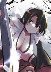 Rule 34 | 1boy, 1girl, absurdres, apron, arm support, black hair, blue eyes, blush, breasts, butterfly swords, cleavage, expressionless, femdom, flipped hair, hair ornament, highres, holding, holding weapon, iroha (samurai spirits), kurosaki kousuke, large breasts, looking at another, maid, maid headdress, revealing clothes, samurai spirits, shaded face, shiny skin, short hair, simple background, sitting, sitting on person, sweat, thighhighs, weapon, white apron, wide hips