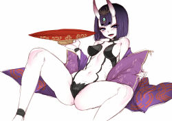 Rule 34 | 1girl, anklet, bare shoulders, breasts, fate/grand order, fate (series), horns, jewelry, looking at viewer, navel, pillow, purple eyes, purple hair, short hair, shuten douji (fate), shuten douji (first ascension) (fate), simple background, small breasts, smile, solo, thighs, white background, whoosaku