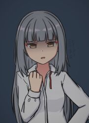 Rule 34 | 1girl, blunt bangs, brown eyes, clenched hand, collared shirt, dress shirt, grey hair, hair down, highres, kantai collection, kasumi (kancolle), konato k, long hair, long sleeves, looking at viewer, one-hour drawing challenge, shaded face, shirt, solo, upper body, white shirt