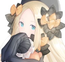 Rule 34 | 1girl, abigail williams (fate), black bow, black dress, black hat, blonde hair, blue eyes, blush, bow, covered mouth, dress, fate/grand order, fate (series), forehead, hair bow, hat, hugging object, long hair, long sleeves, looking at viewer, orange bow, parted bangs, polka dot, polka dot bow, ringozaka mariko, simple background, sleeves past fingers, sleeves past wrists, solo, stuffed animal, stuffed toy, teddy bear, white background