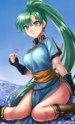 Rule 34 | 1girl, absurdres, black gloves, blue sky, boots, breasts, dress, earrings, fingerless gloves, fire emblem, fire emblem: the blazing blade, flower, gloves, green eyes, green hair, hazuki (nyorosuke), highres, holding, holding flower, jewelry, large breasts, long hair, looking at viewer, lyn (fire emblem), nintendo, outdoors, pelvic curtain, ponytail, rope belt, short sleeves, side slit, sitting, sky, smile, solo, thighs, very long hair