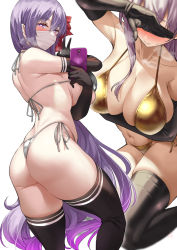 Rule 34 | 1girl, ass, back, bare shoulders, bb (fate), bb (fate/extra), bikini, black thighhighs, blush, breast hold, breasts, cellphone, cleavage, collarbone, covering own eyes, fate/extra, fate/extra ccc, fate (series), gold bikini, hair ribbon, highleg, highleg bikini, highres, large breasts, long hair, looking at viewer, mask, mouth mask, multiple views, navel, parted lips, phone, purple eyes, purple hair, red ribbon, ribbon, silver bikini, smile, swimsuit, thighhighs, thighs, uo denim, very long hair
