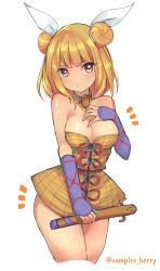 Rule 34 | 1girl, adapted costume, artist name, bare shoulders, blonde hair, blush, breasts, cleavage, commentary request, cowboy shot, cropped legs, detached collar, double bun, dress, hair bun, hair ribbon, hand on own chest, hand up, haniwa (statue), highres, holding, joutouguu mayumi, looking at viewer, medium breasts, ougi hina, ribbon, short dress, short hair, simple background, solo, standing, strapless, strapless dress, thighs, touhou, twitter username, vambraces, white background, white ribbon, yellow dress, yellow eyes