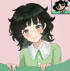 Rule 34 | 1girl, black hair, blush, buttercup (ppg), buttercup redraw challenge (meme), derivative work, green eyes, green pajamas, highres, looking at viewer, medium hair, meme, messy hair, pajamas, pink background, powerpuff girls, prock, reference inset, screenshot inset, screenshot redraw, shadow, simple background, solo