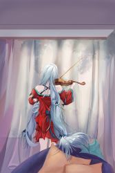 Rule 34 | 1girl, absurdres, arknights, bare shoulders, chinese commentary, commentary request, criss-cross halter, curtains, dress, feet out of frame, from behind, grey hair, halterneck, highres, holding, holding instrument, holding violin, indoors, instrument, long hair, long sleeves, music, muzi (07muzi), no headwear, off-shoulder dress, off shoulder, partial commentary, pillow, playing instrument, red dress, short dress, skadi (arknights), skadi the corrupting heart (arknights), solo, standing, very long hair, violin