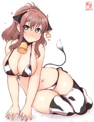 Rule 34 | 1girl, alternate costume, animal ears, animal print, artist logo, bikini, breasts, brown hair, cleavage, collarbone, commentary request, covered erect nipples, cow ears, cow horns, cow print, cow tail, cowboy shot, dated, fake animal ears, fake horns, front-tie top, grey eyes, hair between eyes, heart, heart-shaped pupils, highres, horns, kanon (kurogane knights), kantai collection, large breasts, long hair, lowleg, lowleg bikini, medium hair, one-hour drawing challenge, ponytail, saratoga (kancolle), side-tie bikini bottom, side ponytail, sidelocks, simple background, sitting, solo, swimsuit, symbol-shaped pupils, tail, thighhighs, white background, white bikini, white thighhighs, yokozuwari