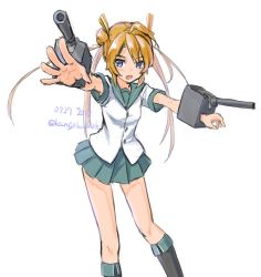Rule 34 | 1girl, abukuma (kancolle), armpit peek, bare legs, blonde hair, blue eyes, boots, cannon, commentary request, dated, double bun, hair bun, kangoku kou, kantai collection, long hair, one-hour drawing challenge, open mouth, outstretched arms, outstretched hand, pleated skirt, sailor collar, school uniform, serafuku, short sleeves, skirt, solo, standing, teeth, turret, twitter username, weapon