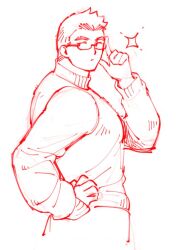 Rule 34 | 1boy, :/, bara, cropped legs, facial hair, glasses, hand on own hip, looking to the side, male focus, monochrome, motoori shiro, muscular, muscular male, pectorals, red theme, rimless eyewear, short hair, sideburns, sideburns stubble, sketch, solid circle eyes, solo, sparkle, stubble, sweater, thick eyebrows, tokyo houkago summoners, turning around, turning head, tyou, unamused, white background