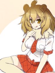 Rule 34 | 10s, 1girl, ahoge, animal ears, bad id, bad pixiv id, big hair, blonde hair, breast pocket, breasts, fur collar, hand up, indian style, kemono friends, large breasts, lion (kemono friends), lion ears, looking at viewer, pleated skirt, pocket, red skirt, shirt, short sleeves, sitting, skirt, smile, solo, thighhighs, totokichi, white shirt, yellow eyes, yellow thighhighs