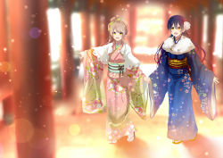 Rule 34 | 10s, 2girls, artist request, black hair, blonde hair, blurry, blush, bokeh, capelet, depth of field, floral print, flower, furisode, hair between eyes, hair flower, hair ornament, highres, holding hands, japanese clothes, kimono, light brown hair, light particles, long hair, long sleeves, looking at viewer, love live!, love live! school idol festival, love live! school idol project, minami kotori, multiple girls, multiple torii, obi, one side up, open mouth, outdoors, outstretched arms, print kimono, purple hair, sandals, sash, smile, sonoda umi, tabi, torii, tsuki yue-shushushu, walking, wide sleeves, yellow eyes