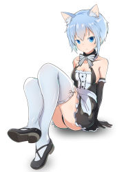 Rule 34 | 1girl, alice gear aegis, animal ear fluff, animal ears, bare shoulders, blue eyes, blue hair, bow, cat ears, commentary, detached collar, elbow gloves, frills, gloves, highres, kemonomimi mode, looking at viewer, maid, mary janes, nina kalinina, nraib, panties, pantyshot, shoes, short hair, sitting, solo, thighhighs, underwear, white background, white thighhighs