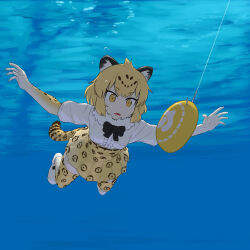 Rule 34 | 1girl, air bubble, album cover, animal ears, animal print, arms up, belt, black bow, black bowtie, black hair, blonde hair, bow, bowtie, breasts, bubble, blowing bubbles, center frills, cover, day, double-parted bangs, fishing hook, fishing line, food, freediving, frills, full body, fur collar, high-waist skirt, highres, jaguar (kemono friends), jaguar ears, jaguar girl, jaguar print, jaguar tail, japari bun, kemono friends, looking at food, looking at object, medium breasts, medium hair, miniskirt, multicolored hair, nevermind, nirvana (band), outdoors, outstretched arms, parody, parted lips, print skirt, print thighhighs, shirt, shirt tucked in, shoes, short sleeves, skirt, sokushinbutsu, solo, spread arms, swimming, tail, thighhighs, two-tone hair, underwater, white footwear, white shirt, wide-eyed