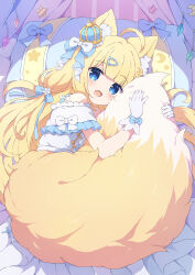 Rule 34 | 1girl, animal ear fluff, animal ears, bare shoulders, blonde hair, blue eyes, blue ribbon, blush, clothing cutout, commentary request, commission, crescent, crescent hair ornament, crown, dress, fang, fox ears, fox girl, fox tail, full body, gloves, hair ornament, hair ribbon, hairclip, highres, hugging own tail, hugging tail, indie virtual youtuber, large tail, long hair, looking at viewer, low twintails, mini crown, open mouth, ribbon, short sleeves, shoulder cutout, skeb commission, skin fang, solo, tail, tsukino shimo, twintails, tyakomes, white dress, white gloves