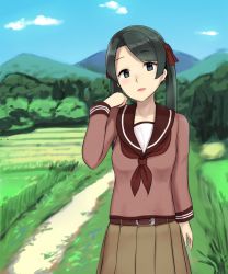 Rule 34 | 10s, 1girl, belt, blue eyes, cloud, day, field, grass, green hair, hair ribbon, hayabusa, highres, kantai collection, landscape, long hair, long sleeves, looking at viewer, mikuma (kancolle), mountain, nature, open mouth, outdoors, pleated skirt, red ribbon, ribbon, school uniform, serafuku, skirt, sky, solo, tree, twintails