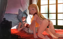 Rule 34 | 2girls, all fours, animal ears, ass, bad id, bad pixiv id, bare legs, bare shoulders, barefoot, bed, between legs, blonde hair, bloomers, blue eyes, blue hair, brown eyes, camisole, dog ears, feet, female focus, flat chest, from behind, girl on top, holding hands, idobata hp, interlocked fingers, legs, long hair, looking at another, looking at viewer, looking back, lying, multiple girls, on back, original, panties, pillow, rabbit tail, short hair, tail, topless, underwear, white bloomers, window, yuri