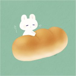 Rule 34 | ayu (mog), bad id, bad twitter id, blush, bread, closed eyes, food, food focus, green background, motion lines, no humans, original, parted lips, rabbit, signature, simple background