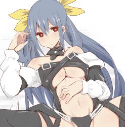 Rule 34 | 1girl, bare shoulders, black thighhighs, blue hair, blush, bow, breasts, cleavage, closed mouth, commentary request, cowboy shot, dizzy (guilty gear), freedom nakai, groin, guilty gear, guilty gear x, guilty gear xx, hair between eyes, hair bow, hand on own stomach, hand up, highres, long hair, long sleeves, looking at viewer, medium breasts, navel, red eyes, simple background, solo, spread legs, stomach, thighhighs, twintails, underboob, white background, yellow bow