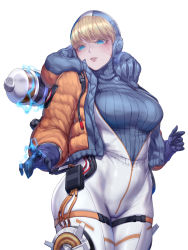Rule 34 | 1girl, absurdres, animification, apex legends, blonde hair, blue bodysuit, blue eyes, blue gloves, bodysuit, breasts, burn scar, cable, curvy, down jacket, electricity, facial scar, gloves, highres, hood, hood down, hooded bodysuit, hooded jacket, jacket, kumiko shiba, large breasts, lichtenberg figure, orange jacket, pale skin, partially unzipped, pointing, ribbed bodysuit, scar, scar on cheek, scar on face, short hair, solo, turtleneck, wattson (apex legends), white bodysuit