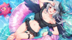 Rule 34 | 1girl, akuma meryl, bare shoulders, bikini, black bikini, black horns, black ribbon, black wings, blush, breasts, buoy, cleavage, collarbone, demon horns, eclipse live project, feathered wings, feet out of frame, frilled bikini, frills, grey hair, hair between eyes, hair ribbon, hand on own forehead, horns, innertube, large breasts, long hair, looking at viewer, mikami nacaba, mole, mole under eye, navel, open mouth, partially submerged, red eyes, ribbon, smile, solo, stomach, swim ring, swimsuit, thigh strap, thighs, virtual youtuber, water, wings, wrist cuffs