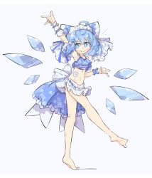 Rule 34 | 1girl, ahoge, back bow, bare legs, bikini, blue bikini, blue bow, blue eyes, blue hair, bow, cirno, closed mouth, commentary, full body, hair bow, hair ornament, hairclip, highres, ice, ice wings, internet survivor, looking to the side, primsla, simple background, smile, solo, standing, standing on one leg, striped bikini, striped clothes, swimsuit, touhou, white background, white bow, wings