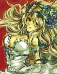 Rule 34 | bad id, bad pixiv id, blonde hair, blue flower, blue lips, blue rose, breasts, cleavage, dress, flower, frills, grimgrimoire, large breasts, lipstick, long hair, lowres, lujei piche, makeup, nippon ichi, red eyes, rose, solo, soul cradle, vanille