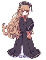 Rule 34 | 1girl, absurdres, black dress, black headwear, blush stickers, chinese clothes, closed mouth, dress, full body, highres, junko (touhou), kame (kamepan44231), long hair, one-hour drawing challenge, orange hair, phoenix crown, pout, red eyes, simple background, sleeves past fingers, sleeves past wrists, solo, tabard, touhou, touhou lostword, white background, wide sleeves