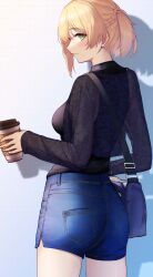 Rule 34 | 1girl, 3 small spiders, absurdres, alternate costume, bag, black shirt, blonde hair, braid, breasts, closed mouth, coffee cup, cup, denim, denim shorts, disposable cup, feet out of frame, french braid, girls&#039; frontline, green eyes, highres, holding, holding cup, light blush, light smile, long sleeves, looking at viewer, looking to the side, medium breasts, shadow, shirt, short hair, shorts, shoulder bag, simple background, solo, standing, welrod mkii (girls&#039; frontline)