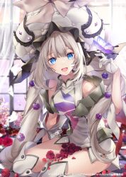 Rule 34 | 1girl, akatsuki hijiri, blue eyes, boots, bug, butterfly, butterfly on hand, dress, fate/grand order, fate (series), flower, gloves, grey hair, hair flower, hair ornament, hat, insect, long hair, marie antoinette (fate), marie antoinette (third ascension) (fate), petals, rose, rose petals, signature, thigh boots, twintails, white dress, white gloves